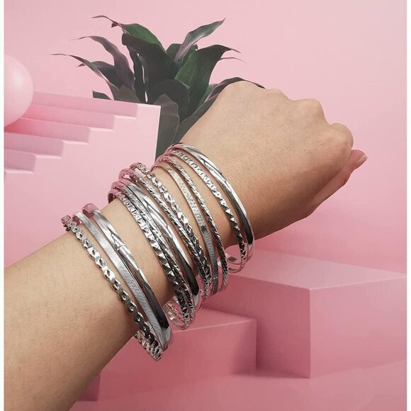 Women Silver Metal Stackable Boho Indian Bangles Bracelet Stack Non Tarnish - Picture 2 of 5